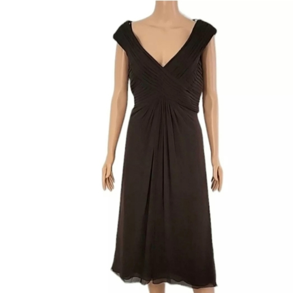 Tadashi Collection Dress Womes  Size 14 Brown Silk Sleeveless Chiffon V-Neck NWT